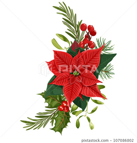 Christmas decor. Bouquet with red poinsettia flower, mistletoe, berries, holly, rosemary and spruce. 107086802
