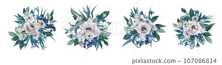White flowers and blue berries 3d. Vintage floral bouquet, spring flowery pattern elements, summer wedding decorative isolated herbal compositions. Beautiful botanical decor. Vector exact illustration 107086814