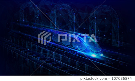 Train motion. Speed railway. Digital metro transport. Wireframe of track and railroad station. Fast traffic technology. Blue polygon locomotive with carriages on arch bridge. Vector exact background 107086874
