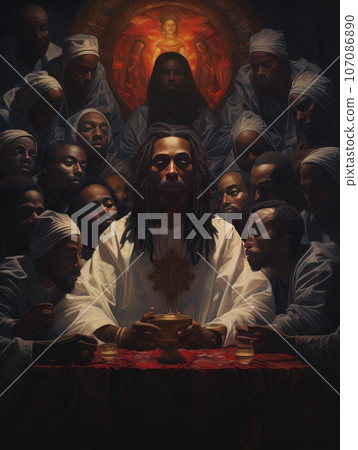 Abstract church religious fresco based on the Last Supper in African style AI 107086890