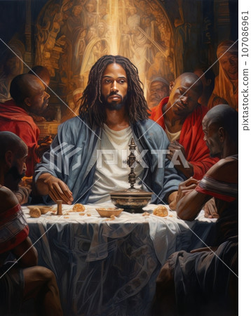Abstract church religious fresco based on the Last Supper in African style AI 107086961