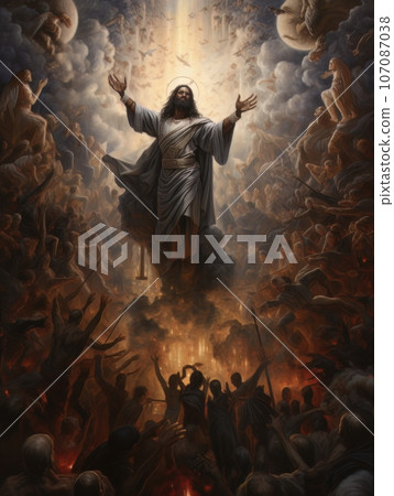Biblical oil painting of the ascension of African Jesus Christ over the believers AI 107087038
