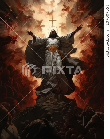 Biblical oil painting of the ascension of African Jesus Christ over the believers AI Biblical oil painting of the ascension of African Jesus Christ over the believers AI 107087059