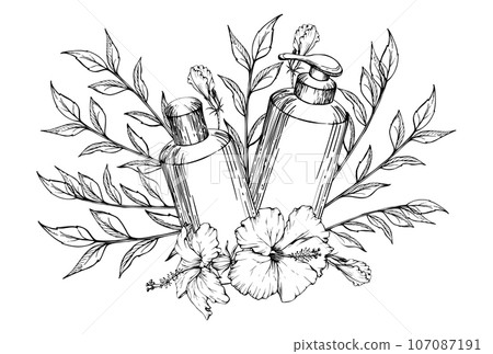 Hand drawn vector ink spa skincare bath beauty products package flowers. Horizontal composition Isolated on white background. Design for wall art, wellness resort, print, fabric, cover, card, booklet. 107087191