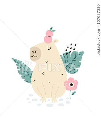 Funny capybara sitting in a jungle with oranges on the head Funny capybara sitting in a jungle with oranges on the head 107087330