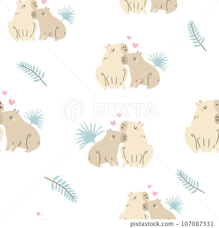 Seamless pattern with cute lovely capybaras and tropical leaves 107087331