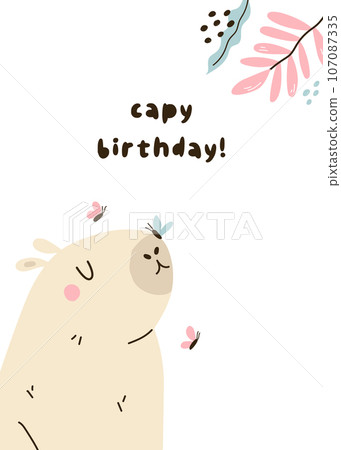 Birthday greeting card with cute capybara. Bright holiday postcard. 107087335