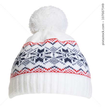 Warm woolly hat with nordic geometric ornament isolated in white 107087349