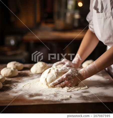 Female chef is kneading dough on a wooden table in kitchen Female chef is kneading dough on a wooden table in kitchen 107087395