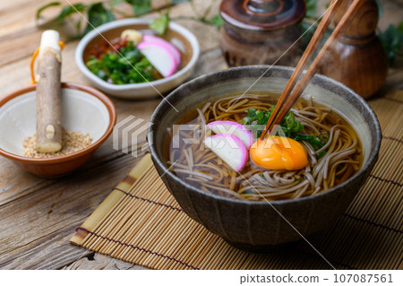 Tsukimi soba (kake soba) Tsukimi soba noodle dish Tsukimi soba (kake soba) Tsukimi soba noodle dish 107087561