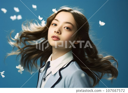 The arrival of spring, beautiful female students in uniform and cherry blossoms 107087572