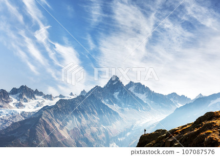 Amazing view on Monte Bianco mountains range with tourist 107087576