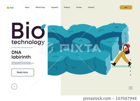 Bio Technology, DNA Labyrinth -modern flat vector concept illustration of person in front of a labyrinth in the form of a double helix DNA. Metaphor of intricacies and challenges of genetic research 107087948