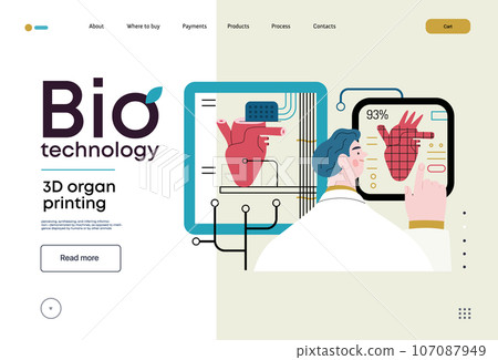 Bio Technology, 3D organ printing -modern flat vector concept illustration of 3D printer creating a human heart. Metaphor of technology in organ transplantation and the future of regenerative medicine 107087949