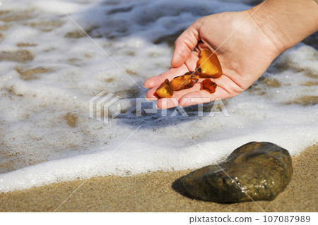 Beautiful pieces of amber in the hand of the sea background. A glowing wavy piece of amber in the palm of your hand. The sunstone. 107087989
