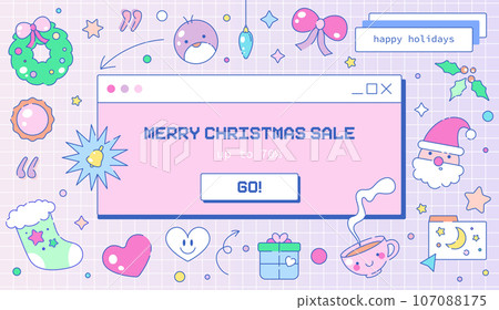Christmas PC interface Banner with Winter Merry Christmas Decorations. Vintage Y2K Old Computer Background. Happy New Year and Merry Christmas sale. Holiday Pink Web Poster. Vector Illustration. 107088175