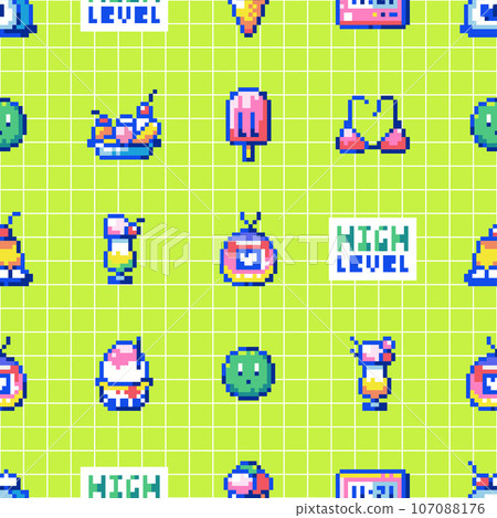 Y2K Pixel Seamless Summer Gamer Pattern with 8 - Stock