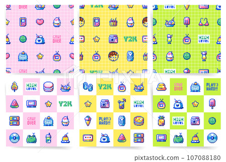 Y2K Pixel Art Aesthetic Set. Seamless Vector Patterns with Retro 80s an 90s Gaming Consoles, Cute Pixelated Animals, and Hipster Tech Gadgets. Vintage Arcade Style Backgrounds for Modern Geeky Design. Y2K Pixel Art Aesthetic Set. Seamless Vector Patterns with Retro 80s an 90s Gaming Consoles, Cute Pixelated Animals, and Hipster Tech Gadgets. Vintage Arcade Style Backgrounds for Modern Geeky Design. 107088180