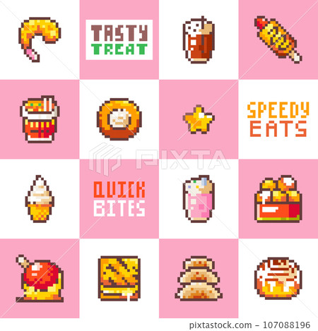 Retro Pixel Art Retro Fast Food Seamless Patterns. 8bit Noodles, Nuggets, Hot Dogs, Gyoza and More. Cute Meal and Snack Textured Vector Backgrounds. Retro Pixel Art Retro Fast Food Seamless Patterns. 8bit Noodles, Nuggets, Hot Dogs, Gyoza and More. Cute Meal and Snack Textured Vector Backgrounds. 107088196