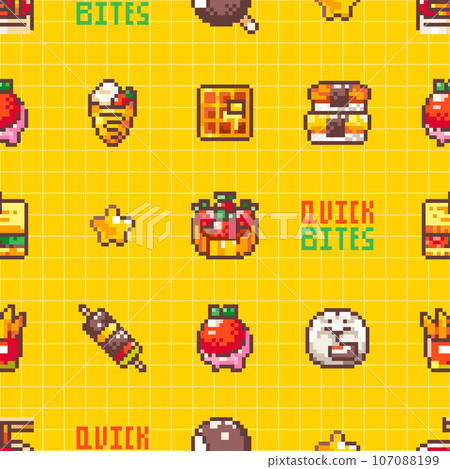 Retro 70s-90s Seamless Pixel Art Pattern with  Aesthetic Asian Food, Snacks and Sweets. Cute Desserts and Street Meals in Old-School Arcade Style for Wrapping, Decor & Design 107088199