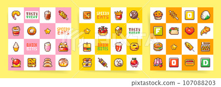 Set of Retro Pixel Art Patterns with Tasty Sweet and Fast Food. 8 bit Sandwiches, Fries, Buns, Pastry, Pizza, Sushi. Vector Pack of Seamless Designs for Wrapping Paper. 107088203