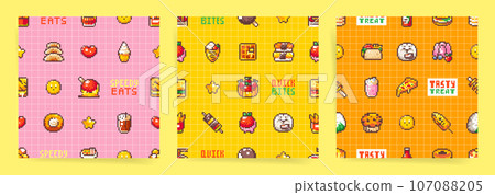 Retro Pixel Seamless Food Pattern Set Inspired by 80s-90s Arcade Game. Tasty Pixel Art Sushi, Cakes, Ice Cream, Fries, Tart, waffle. Background for Snacks, Cafes and Street Food Wrapping Paper. Retro Pixel Seamless Food Pattern Set Inspired by 80s-90s Arcade Game. Tasty Pixel Art Sushi, Cakes, Ice Cream, Fries, Tart, waffle. Background for Snacks, Cafes and Street Food Wrapping Paper. 107088205