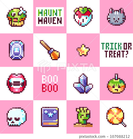 Halloween Seamless Pattern with Vampire Lips, Bloody Fangs, Pumpkins, and Spooky Strawberries. Trick or Treat Pixel Art Background Design. 107088212