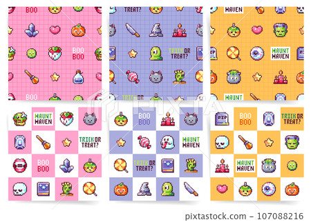 Spooky Pixel Seamless Halloween Pattern Set in 8Bit Style. Retro Arcade 80s-90s Design with Pumpkins, Witches, Ghosts, Zombies and more. Cute Pixel Art Background with Creepy Motifs. 107088216