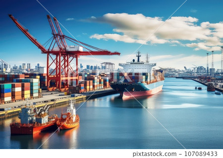 Aerial view of a busy seaport with cargo ships loading and unloading. Logistics operations supporting global trade. Global trade and logistics 107089433