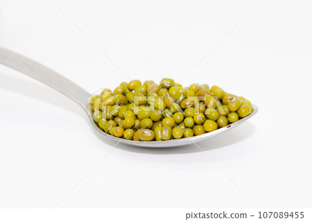 Mung Beans Lentil or Mung Daal isolated on White Background 107089455