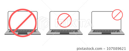 Warning sign. A set of illustrations of a laptop with a stop sign Warning sign. A set of illustrations of a laptop with a stop sign 107089621