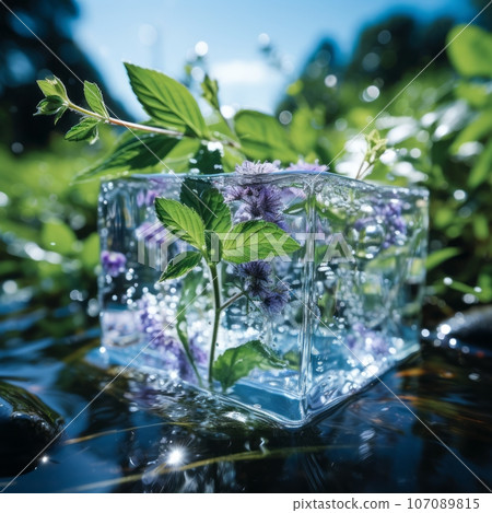 Frozen green spearmint in an ice cube on a thin layer of water. Cube of clear ice with a nice leaf of peppermint inside. Refreshing cold drink with mint concept. Food and drinks concept. 107089815