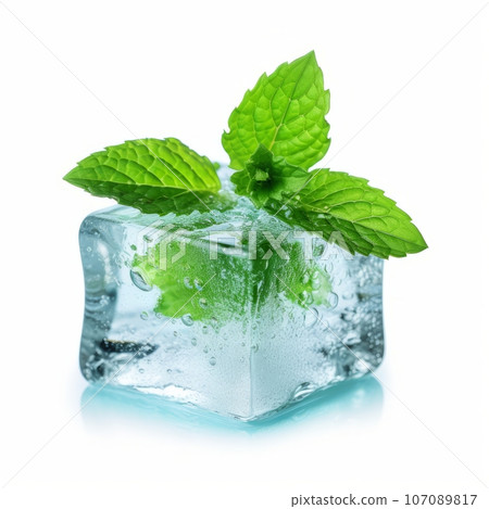 Frozen green spearmint in an ice cube white studio. Cube of clear ice with a nice leaf of peppermint inside. Refreshing cold drink with mint concept. Food and drinks concept. Frozen green spearmint in an ice cube white studio. Cube of clear ice with a nice leaf of peppermint inside. Refreshing cold drink with mint concept. Food and drinks concept. 107089817