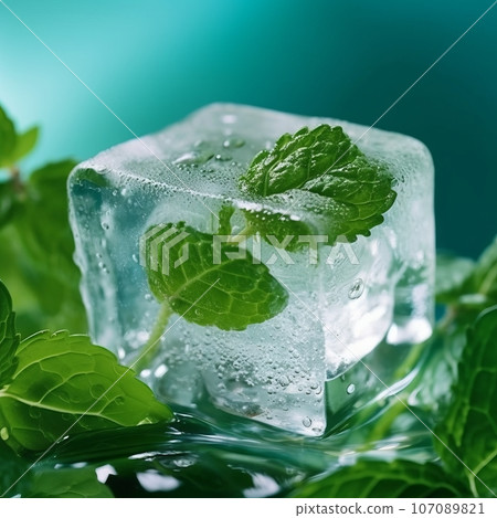Frozen green spearmint in an ice cube on a thin layer of water. Cube of clear ice with a nice leaf of peppermint inside. Refreshing cold drink with mint concept. Food and drinks concept. Frozen green spearmint in an ice cube on a thin layer of water. Cube of clear ice with a nice leaf of peppermint inside. Refreshing cold drink with mint concept. Food and drinks concept. 107089821