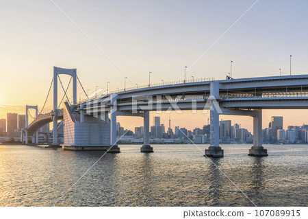 Rainbow Bridge and urban landscape of central Tokyo at dusk Rainbow Bridge and urban landscape of central Tokyo at dusk 107089915