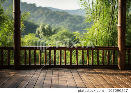 Balcony view of the bamboo forest, blurred mountains in the background. Generative AI 107090237