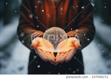 Hands hold a transparent glowing ball. Generative AI 107090252