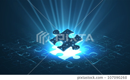 Single puzzle under a puzzle pattern with a shining bright puzzle hole. 3d abstract low pole. Single puzzle under a puzzle pattern with a shining bright puzzle hole. 3d abstract low pole. 107090268