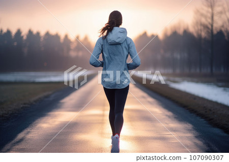 Woman running at dusk. Athlete woman on cold run jogging fast. Generative AI 107090307
