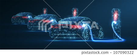 Parking for electric cars with charging station. Eco power, EV charger Parking for electric cars with charging station. Eco power, EV charger 107090322