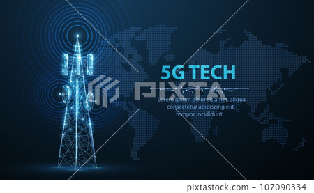 Abstract antenna mast with world map. 5G technology, telecommunication industry Abstract antenna mast with world map. 5G technology, telecommunication industry 107090334