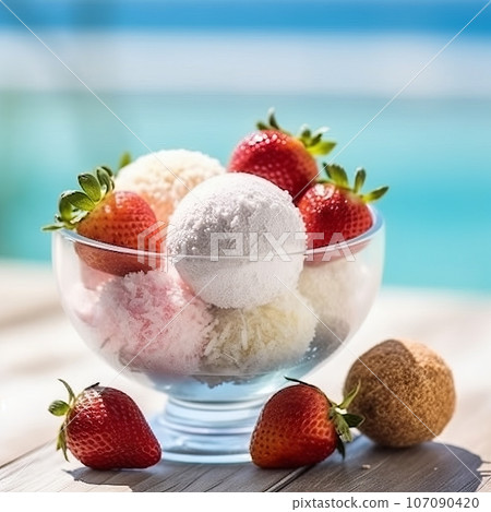 Ice cream with fruits in a dessert glass on background of the blue sea. Beautiful composition of ice cream and tropical fruits on the background of a beach. Concept of relaxation and delicious food Ice cream with fruits in a dessert glass on background of the blue sea. Beautiful composition of ice cream and tropical fruits on the background of a beach. Concept of relaxation and delicious food 107090420