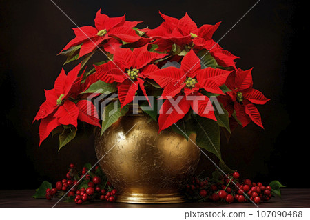 poinsettia flowers in gold pot on black background 107090488