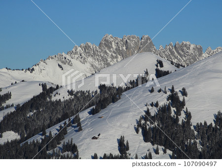 Snow covered Gastlosen mountain range. Snow covered Gastlosen mountain range. 107090497