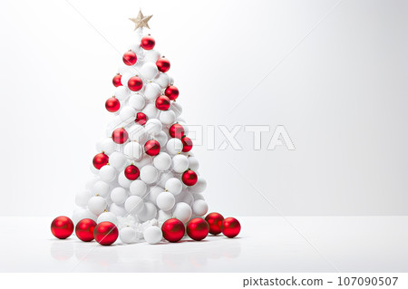 white christmas tree decorated with red christmas balls on white background. Christmas background 107090507