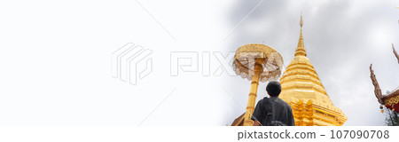 web banner asian man travel and see to gold temple at chiangmai  Thailand in summer season 107090708