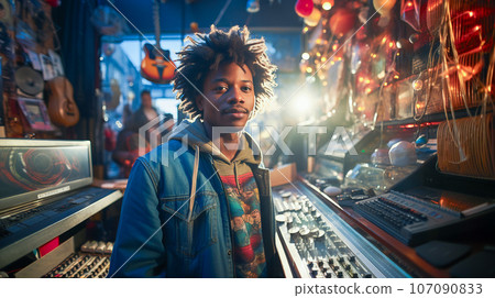 Young man standing at a front of music store, AI generated 107090833