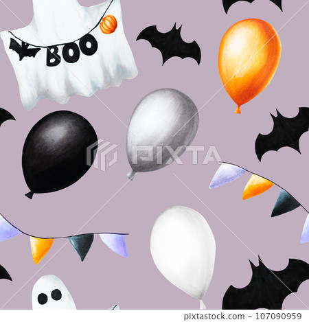 Watercolor seamless pattern with festive flags, cute ghosts, bats and balloons for halloween illustration. Hand painting postcard isolated on white background. For designers, decoration, shop, for 107090959