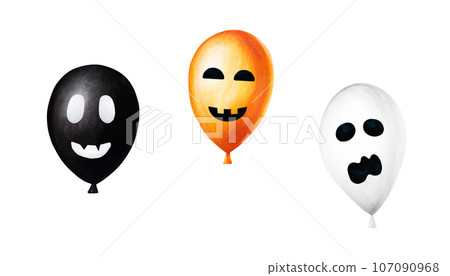 Watercolor Halloween balloons illustration with scary faces. Hand painting orange, black, white balloon sketch isolated on white background. For designers, decoration, shop, for postcards, wrapping 107090968
