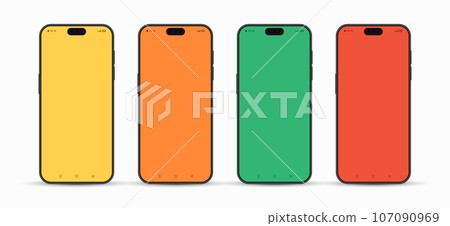 Set mobile phone with yellow, orange, green and red screen realistic 3d design. Vector illustration. Eps10 107090969